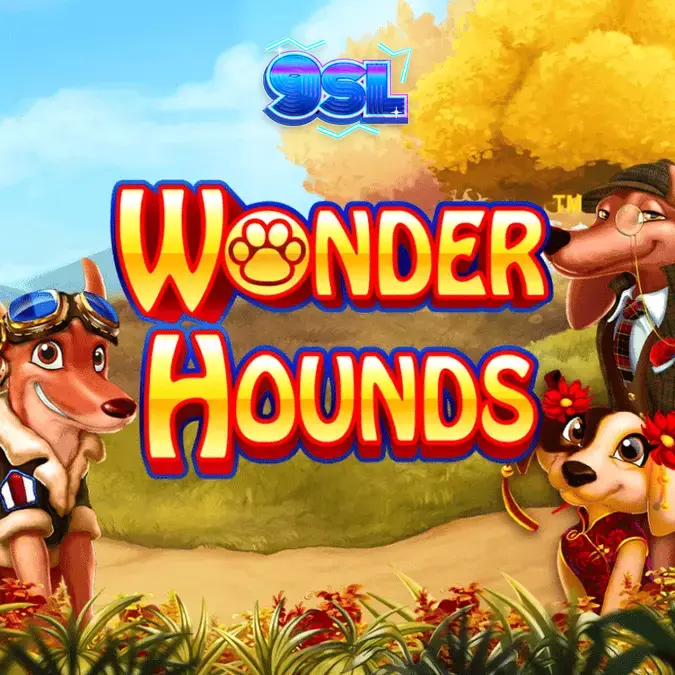 Tampilan antarmuka permainan slot Wonder Hounds dengan tema anjing yang ceria